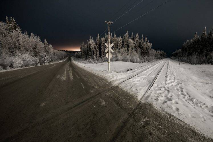 railway Crossing, Night, Landscape, Road, Snow, Trees HD Wallpaper Desktop Background