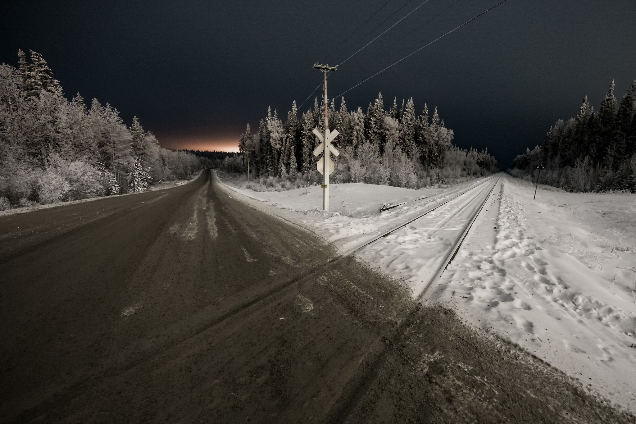 railway Crossing, Night, Landscape, Road, Snow, Trees Wallpaper