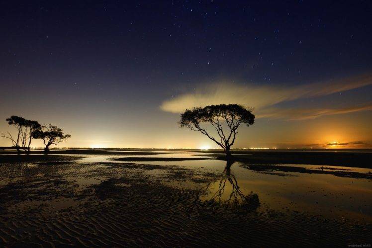nature, Landscape, Starry Night, Moonlight, Trees, Clouds, Water, Reflection, New Zealand HD Wallpaper Desktop Background