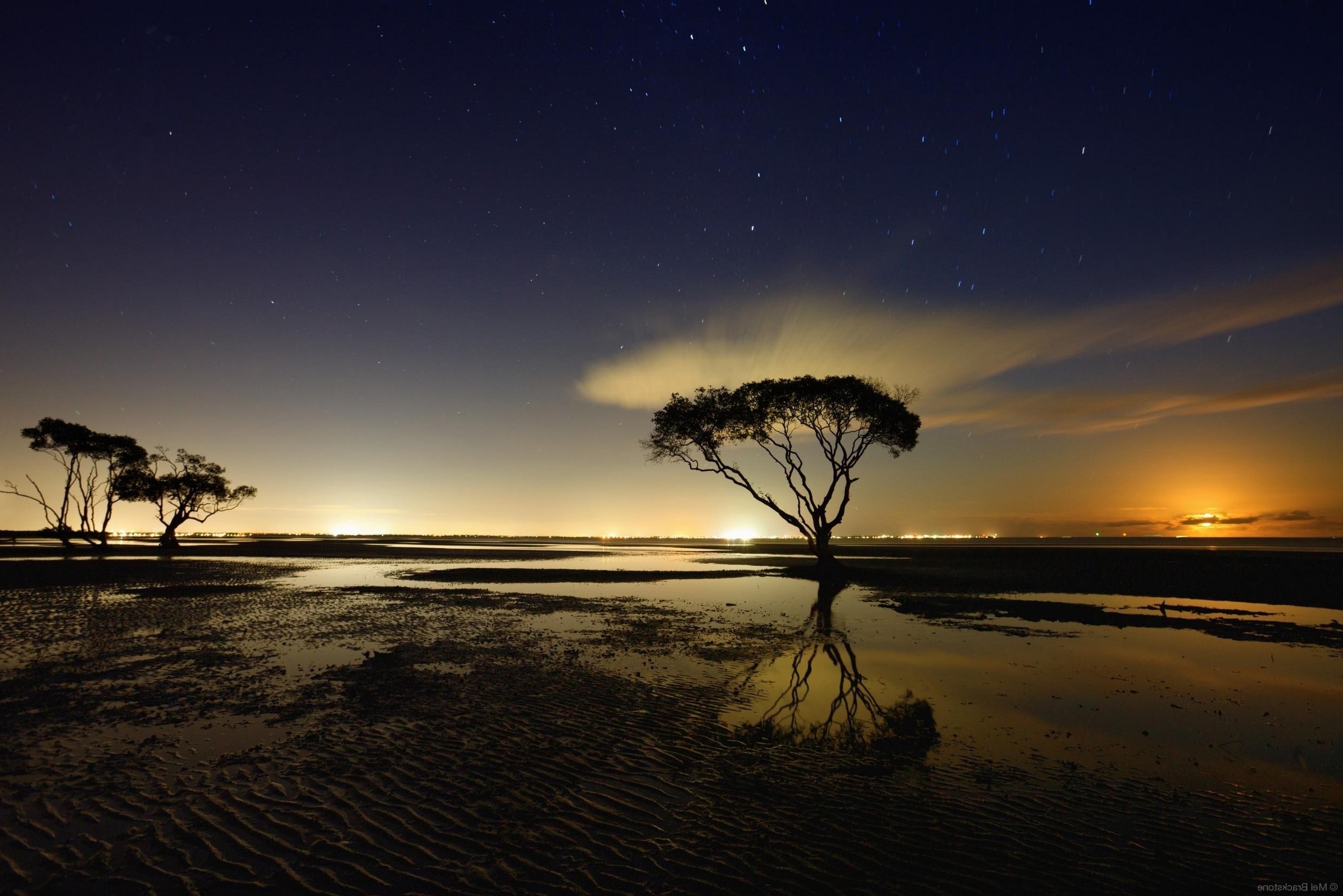 nature, Landscape, Starry Night, Moonlight, Trees, Clouds, Water, Reflection, New Zealand Wallpaper