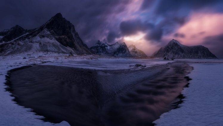 nature, Landscape, Winter, Beach, Mountain, Clouds, Snow, Lofoten Islands, Norway HD Wallpaper Desktop Background