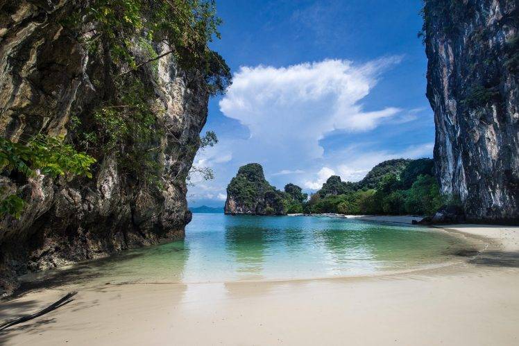 landscape, Nature, White, Sand, Beach, Rock, Cliff, Sea, Boat, Island, Tropical, Eden, Thailand HD Wallpaper Desktop Background