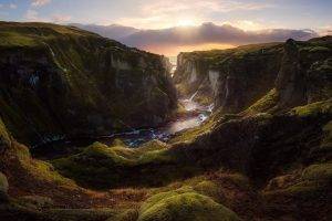 nature, Landscape, Canyon, River, Sunset, Clouds, Iceland