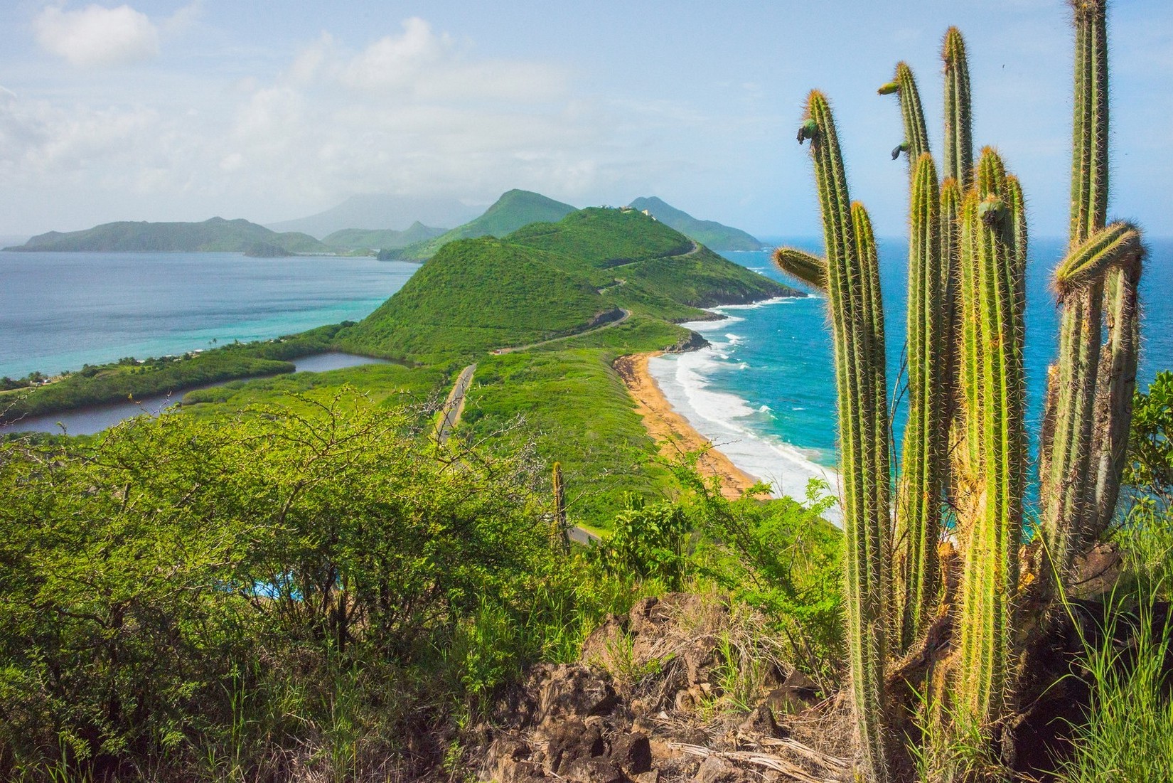 nature, Landscape, Beach, Cactus, Hill, Sea, Caribbean, Island, Summer, Road, Shrubs, Tropical, Green Wallpaper