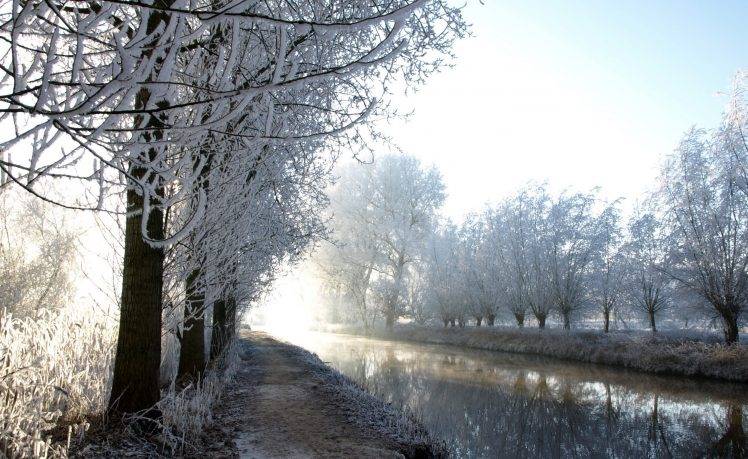 photography, Nature, Landscape, Winter, Water, River, Trees, Snow, Plants HD Wallpaper Desktop Background