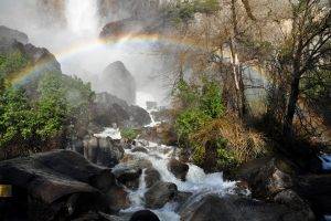 nature, Landscape, Rainbows, River, Trees, Shrubs, Mist, Mountain, Yosemite National Park
