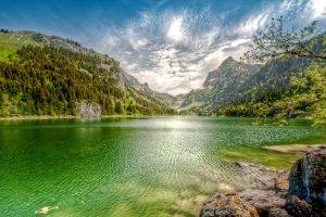 nature, Landscape, Lake, Mountain, Forest, Clouds, Summer, Emerald, Water, Switzerland
