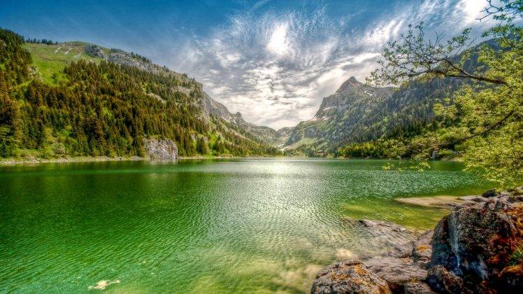 nature, Landscape, Lake, Mountain, Forest, Clouds, Summer, Emerald, Water, Switzerland HD Wallpaper Desktop Background