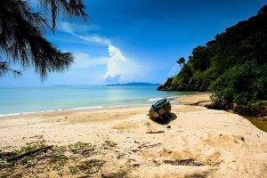 nature, Landscape, Beach, Sand, Sea, Hill, Trees, Shrubs, Boat, Clouds, Island, Thailand