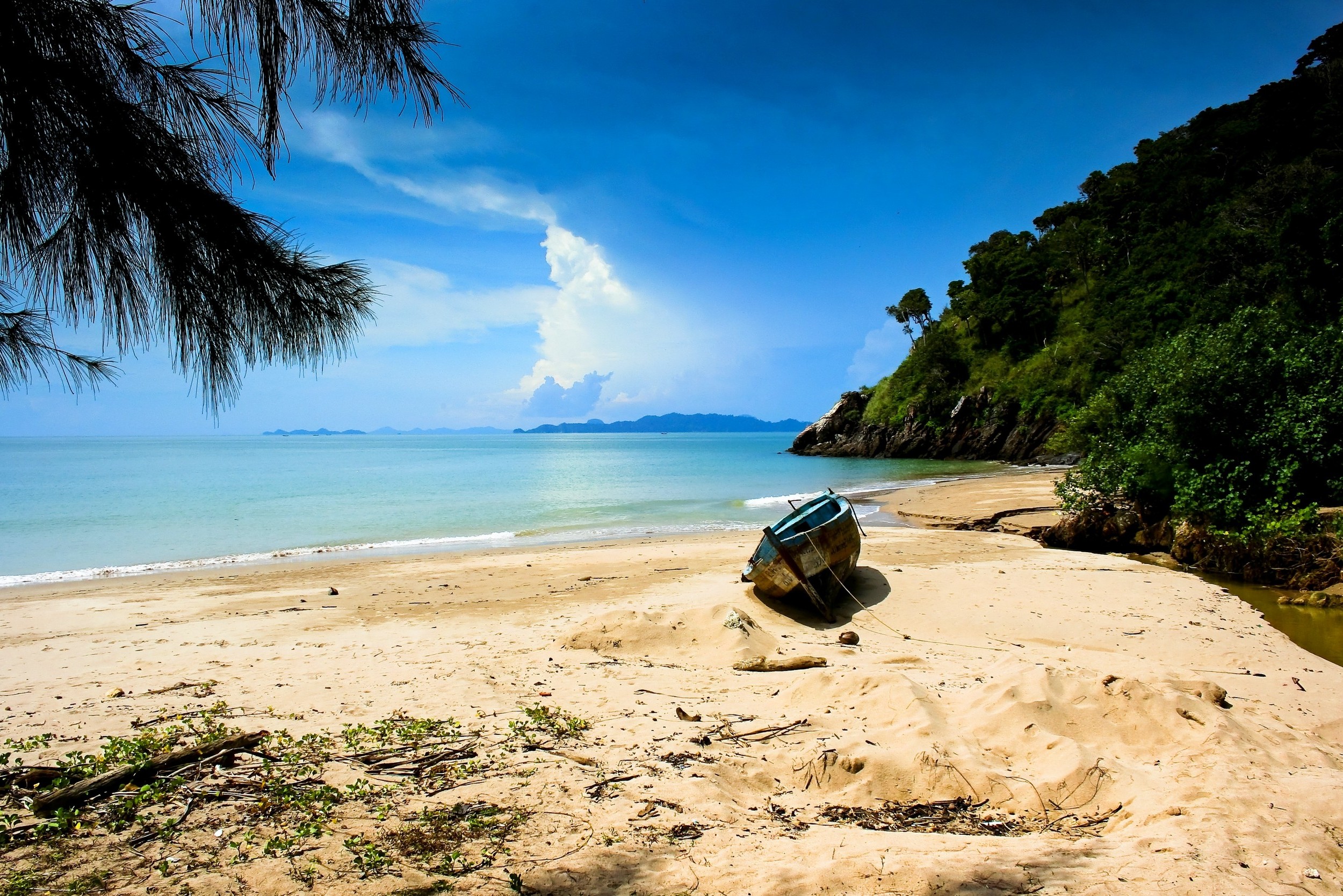 nature, Landscape, Beach, Sand, Sea, Hill, Trees, Shrubs, Boat, Clouds, Island, Thailand Wallpaper
