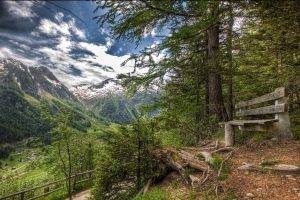 nature, Landscape, Forest, Mountain, Valley, Bench, Village, Summer, Alps, Snowy Peak, Switzerland