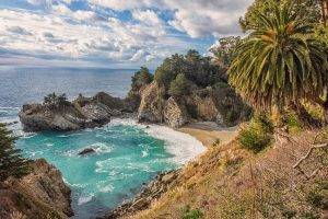 nature, Landscape, Mc Way Falls, California, Beach, Sea, Clouds, Palm Trees, Rock