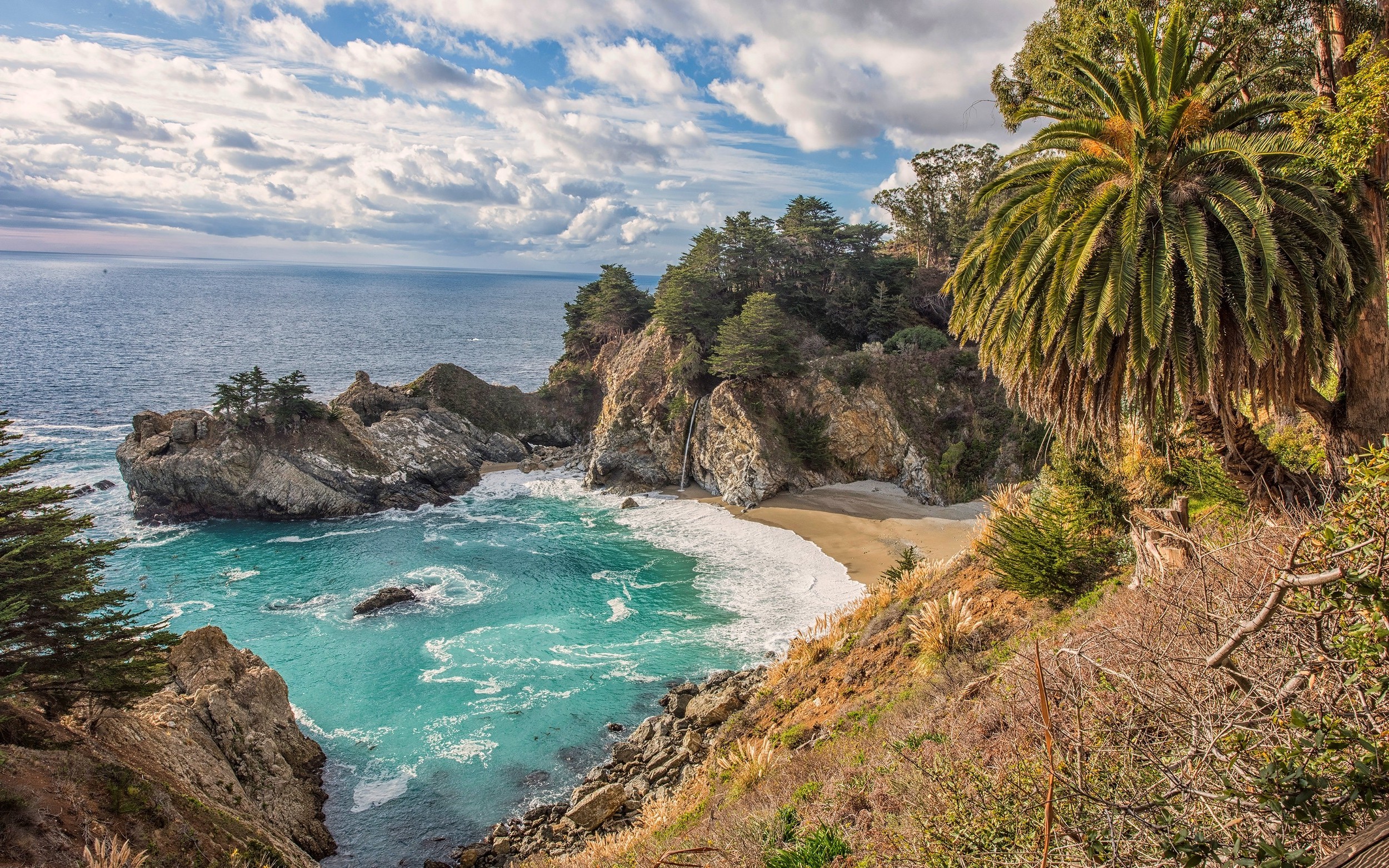 nature, Landscape, Mc Way Falls, California, Beach, Sea, Clouds, Palm Trees, Rock Wallpaper