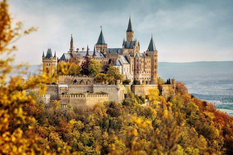 architecture, Building, Castle, Clouds, Tower, Trees, Nature, Germany, Fall, Leaves, Forest, Landscape, Hill, Walls, Burg Hohenzollern HD Wallpaper Desktop Background