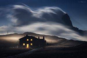 house, Wind, Mountain, Clouds, Sky, Lights, Evening, Field, Nature, Landscape, Long Exposure
