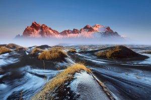 Iceland, Vestrahorn, Mountain, Morning, Mist, Lava, Grass, Snow, Nature, Landscape