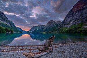 nature, Landscape, Summer, Lake, Night, Beach, Mountain, Norway, Clouds