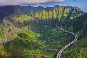 nature, Landscape, Mountain, Highway, Forest, Oahu, Hawaii, Aerial View