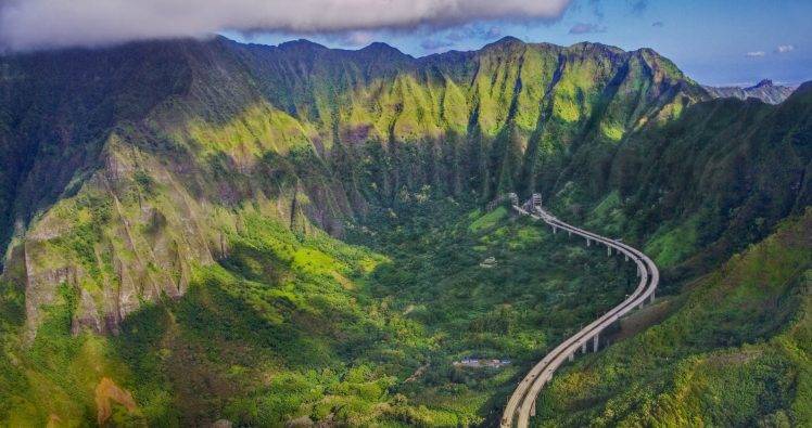 nature, Landscape, Mountain, Highway, Forest, Oahu, Hawaii, Aerial View HD Wallpaper Desktop Background