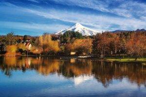 nature, Landscape, Volcano, Lake, Trees, City, Snowy Peak, Morning, Sunlight, Chile