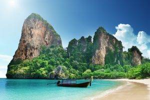 nature, Landscape, Mountain, Clouds, Thailand, Trees, Forest, Sea, Sand, Beach, Boat, Palm Trees, House, Rock
