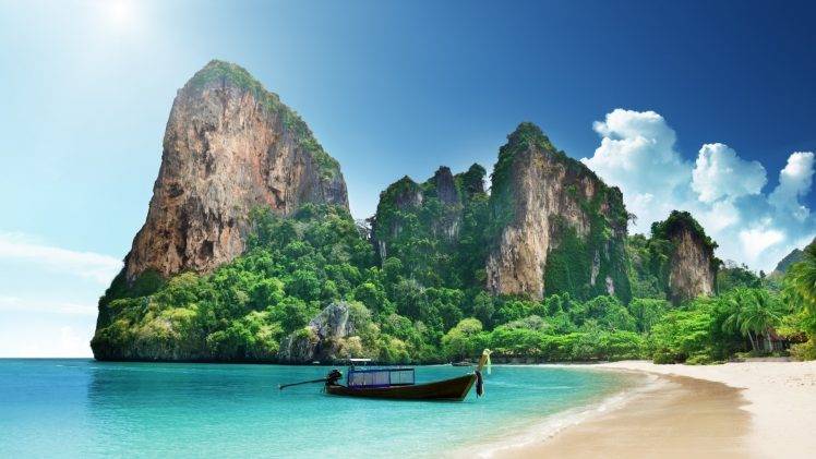 nature, Landscape, Mountain, Clouds, Thailand, Trees, Forest, Sea, Sand, Beach, Boat, Palm Trees, House, Rock HD Wallpaper Desktop Background
