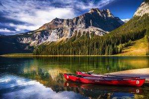 landscape, Nature, Lake, Mountain, Forest, Canoes, Water, Reflection, Sunlight, Yoho National Park, Canada