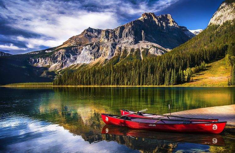 landscape, Nature, Lake, Mountain, Forest, Canoes, Water, Reflection, Sunlight, Yoho National Park, Canada HD Wallpaper Desktop Background