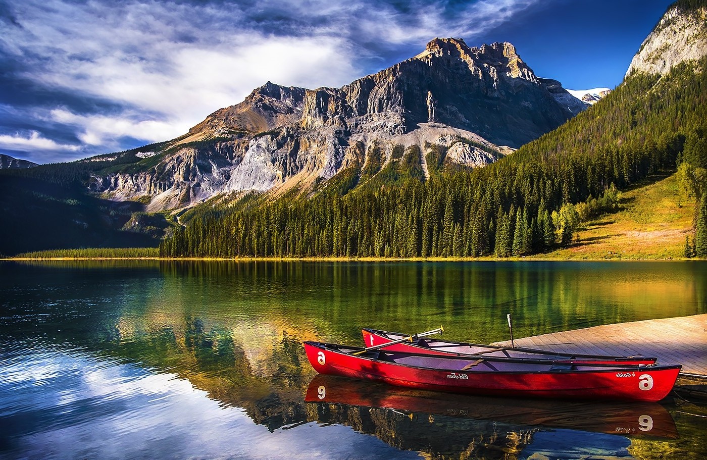 landscape, Nature, Lake, Mountain, Forest, Canoes, Water, Reflection, Sunlight, Yoho National Park, Canada Wallpaper