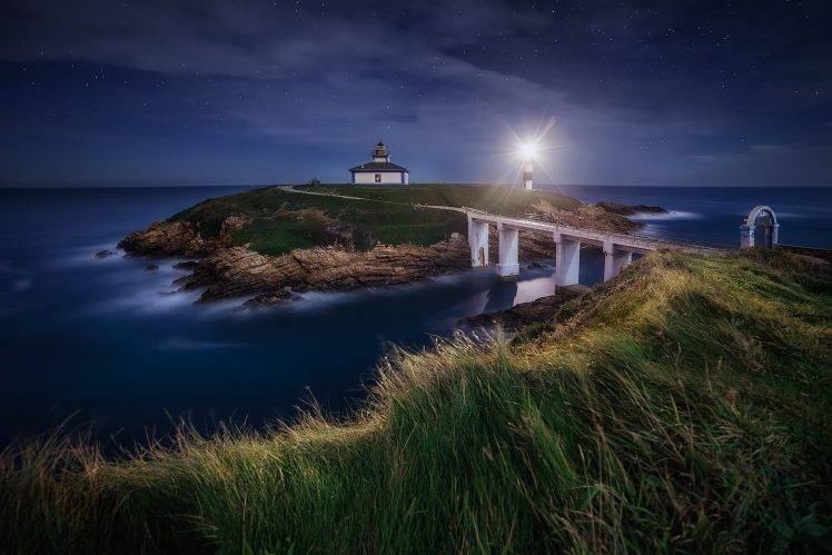 landscape, Nature, Lighthouse, Bridge, Grass, Starry Night, Sea, Island, Clouds, Spain HD Wallpaper Desktop Background