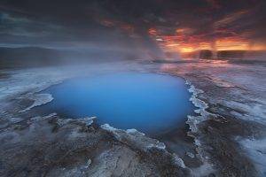 nature, Landscape, Sunrise, Hot Spring, Clouds, Water, Blue, Iceland