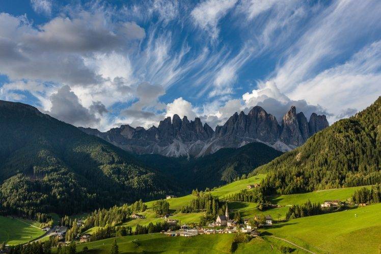 nature, Landscape, Mountain, Summer, Morning, Village, Church, Forest, Grass, Dolomites (mountains), Clouds, Sunlight, Alps, Italy HD Wallpaper Desktop Background