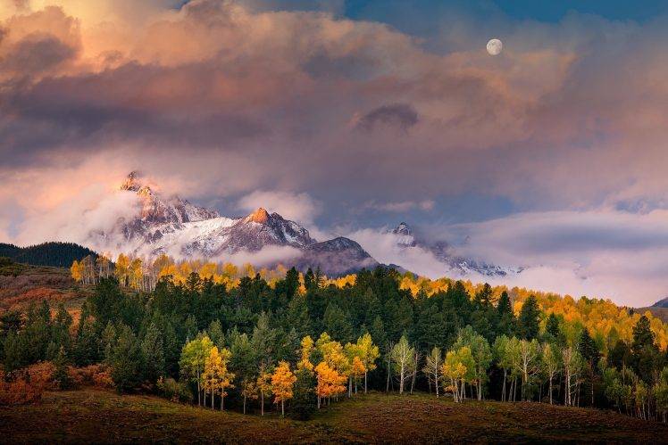 nature, Landscape, Mountain, Sunrise, Forest, Fall, Moon, Clouds, Trees, Sunlight, Snowy Peak, Colorado HD Wallpaper Desktop Background
