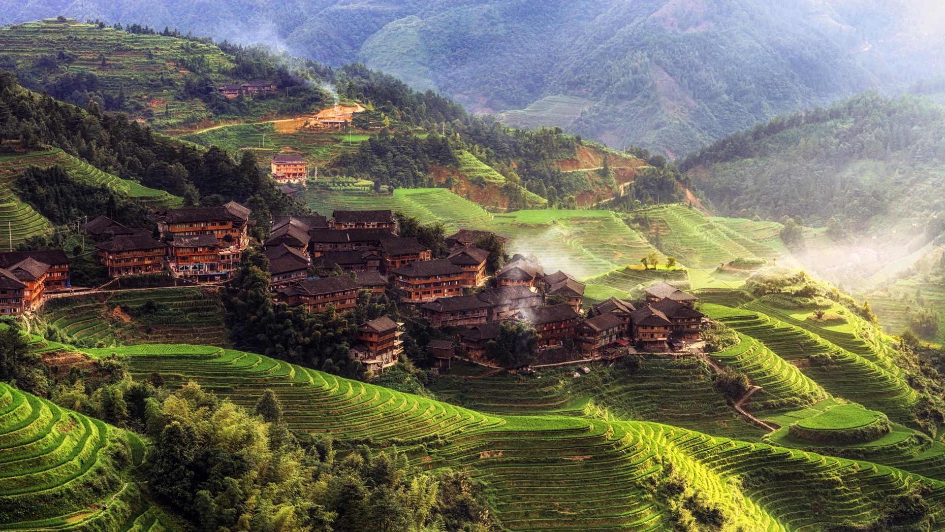 nature, Landscape, Trees, China, Asia, Rice Paddy, Morning, Mist, House, Hill, Forest, Terraced Field, Village Wallpaper