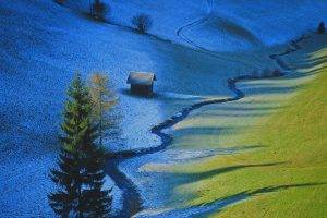 nature, Landscape, Trees, Tyrol, Austria, Valley, Pine Trees, Snow, Grass, Field, Winter, House, Dirt Road, Stream, Shadow