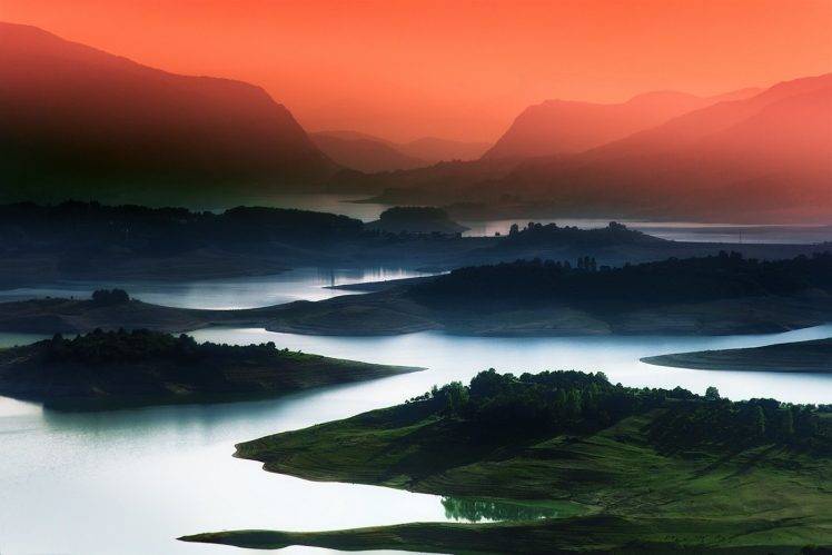 nature, Landscape, Lake, Sunrise, Mountain, Mist, Red, Sky, Blue, Water, Green, Field, Trees, Bosnia And Herzegovina HD Wallpaper Desktop Background