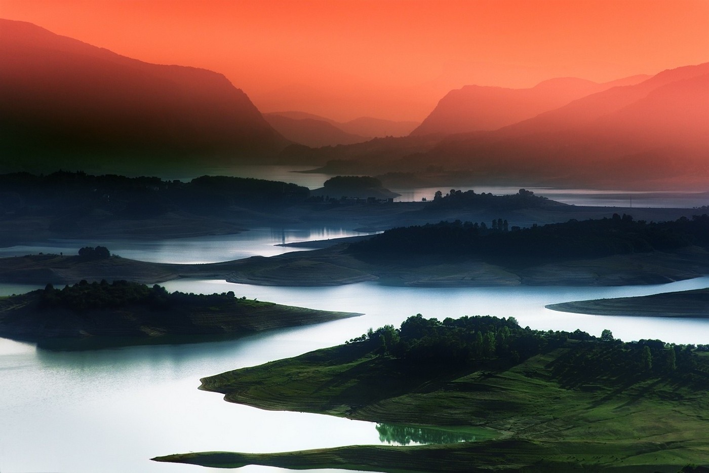 nature, Landscape, Lake, Sunrise, Mountain, Mist, Red, Sky, Blue, Water, Green, Field, Trees, Bosnia And Herzegovina Wallpaper