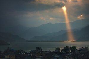 landscape, Nature, Sun Rays, Lake, Dark, Mountain, City, Clouds, Nepal