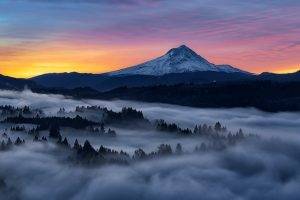 landscape, Nature, Mountain, Sunrise, Mist, Forest, Snowy Peak, Sky, Colorful, Oregon