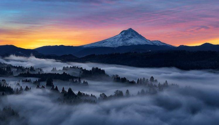 landscape, Nature, Mountain, Sunrise, Mist, Forest, Snowy Peak, Sky, Colorful, Oregon HD Wallpaper Desktop Background
