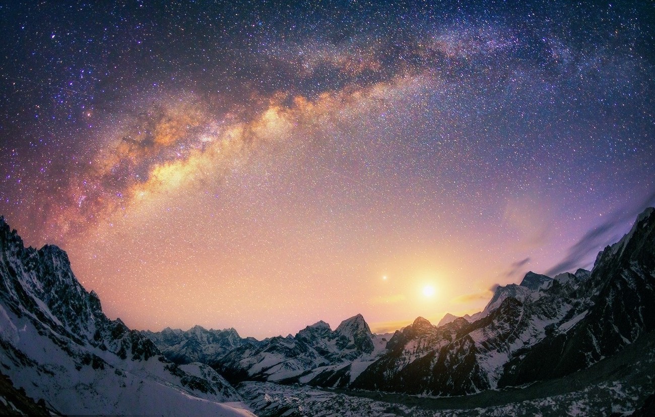 landscape, Nature, Milky Way, Galaxy, Mountain, Snow, Himalayas, Nepal, Long Exposure, Sunlight, Stars, Sunrise Wallpaper
