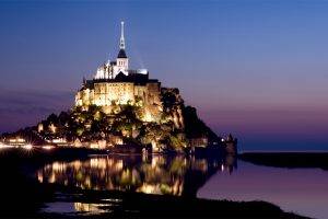 Mont Saint Michel, France, Sky, Church, Castle, House, Rock, Evening, Lights, Sea, Landscape, Nature, City, Sunset