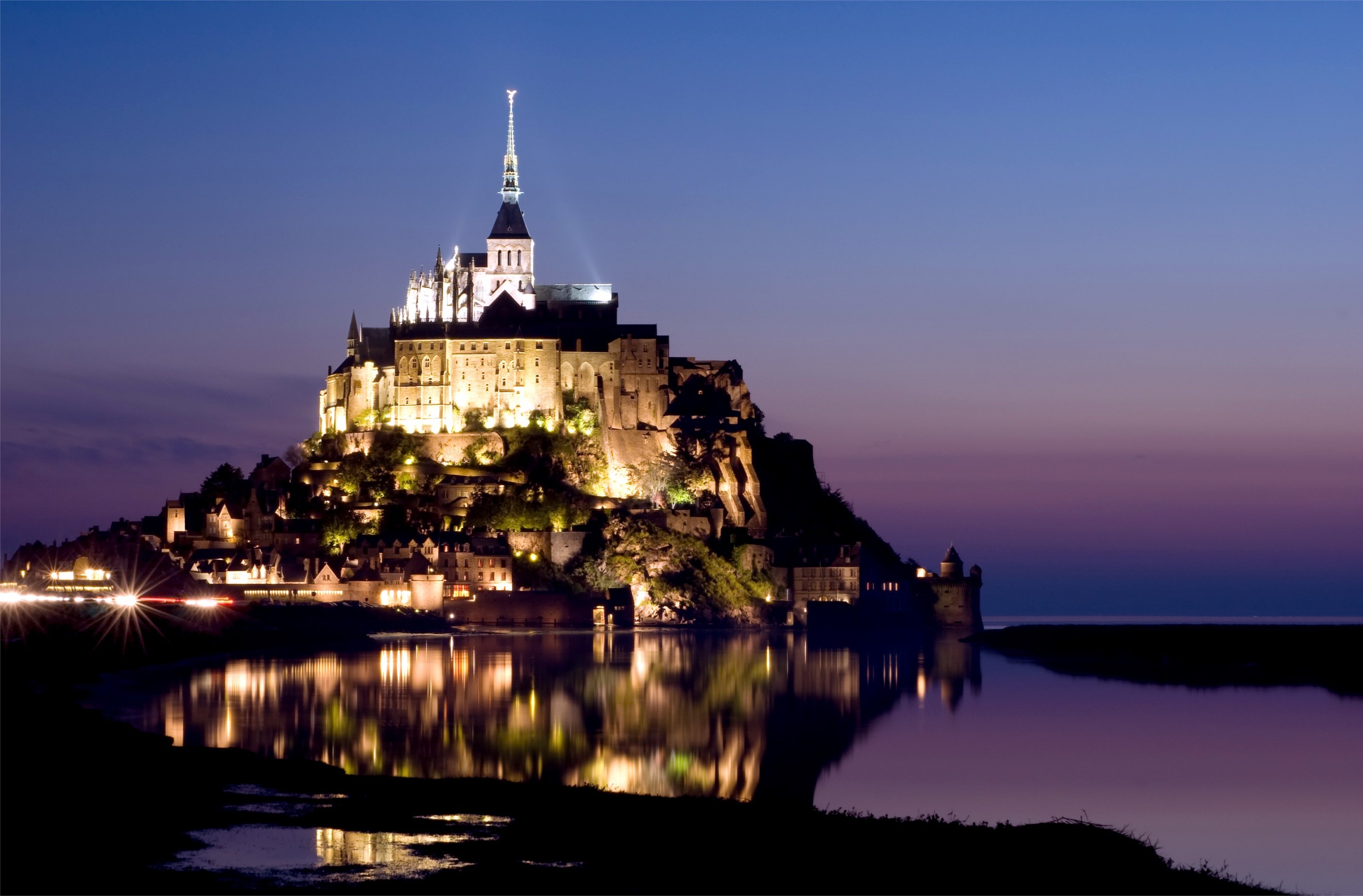 Mont Saint Michel, France, Sky, Church, Castle, House, Rock, Evening, Lights, Sea, Landscape, Nature, City, Sunset Wallpaper