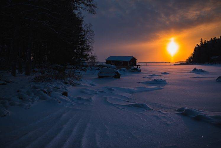 landscape, Hut, Sun, Winter, Seasons, Ice, Snow HD Wallpaper Desktop Background