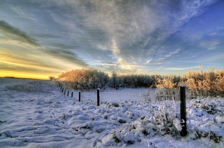 winter, Landscape, Snow, Clouds, Nature, Fence HD Wallpaper Desktop Background