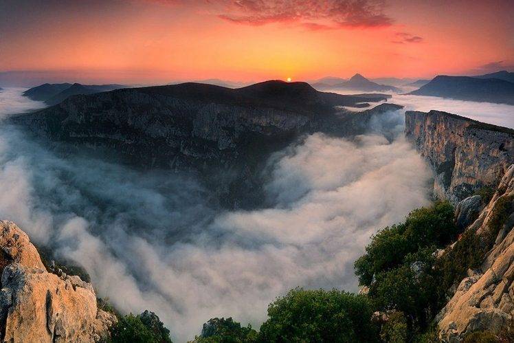 nature, Mist, Landscape, Canyon, Sunset, Cliff, Sky, Pink, Shrubs, Mountain, France HD Wallpaper Desktop Background