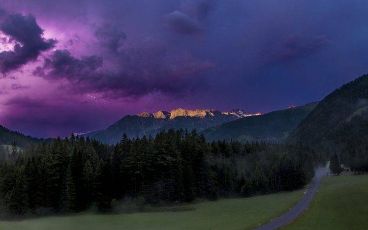 nature, Landscape, Sunrise, Mountain, Forest, Lightning, Clouds, Storm, Sunlight, Road, Austria HD Wallpaper Desktop Background