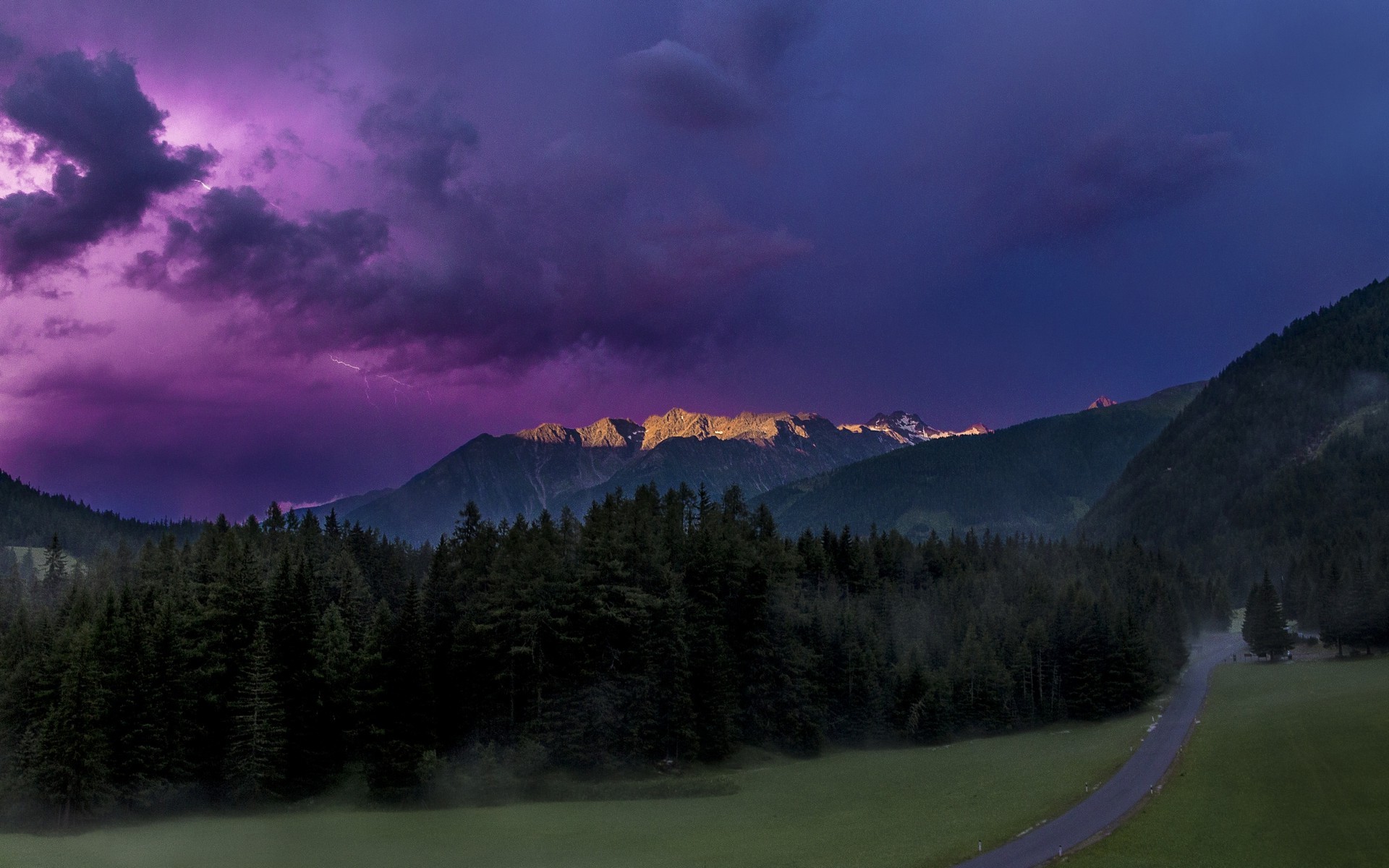 nature, Landscape, Sunrise, Mountain, Forest, Lightning, Clouds, Storm, Sunlight, Road, Austria Wallpaper