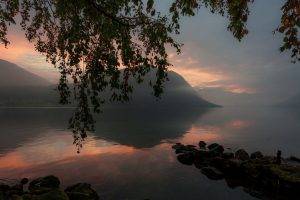 nature, Landscape, Lake, Mountain, Sunrise, Trees, Calm, Mist, Atmosphere, Reflection