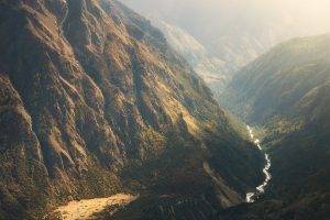 nature, Landscape, Mountain, River, Mist, Waterfall, Shrubs, Sunlight, Himalayas, Nepal